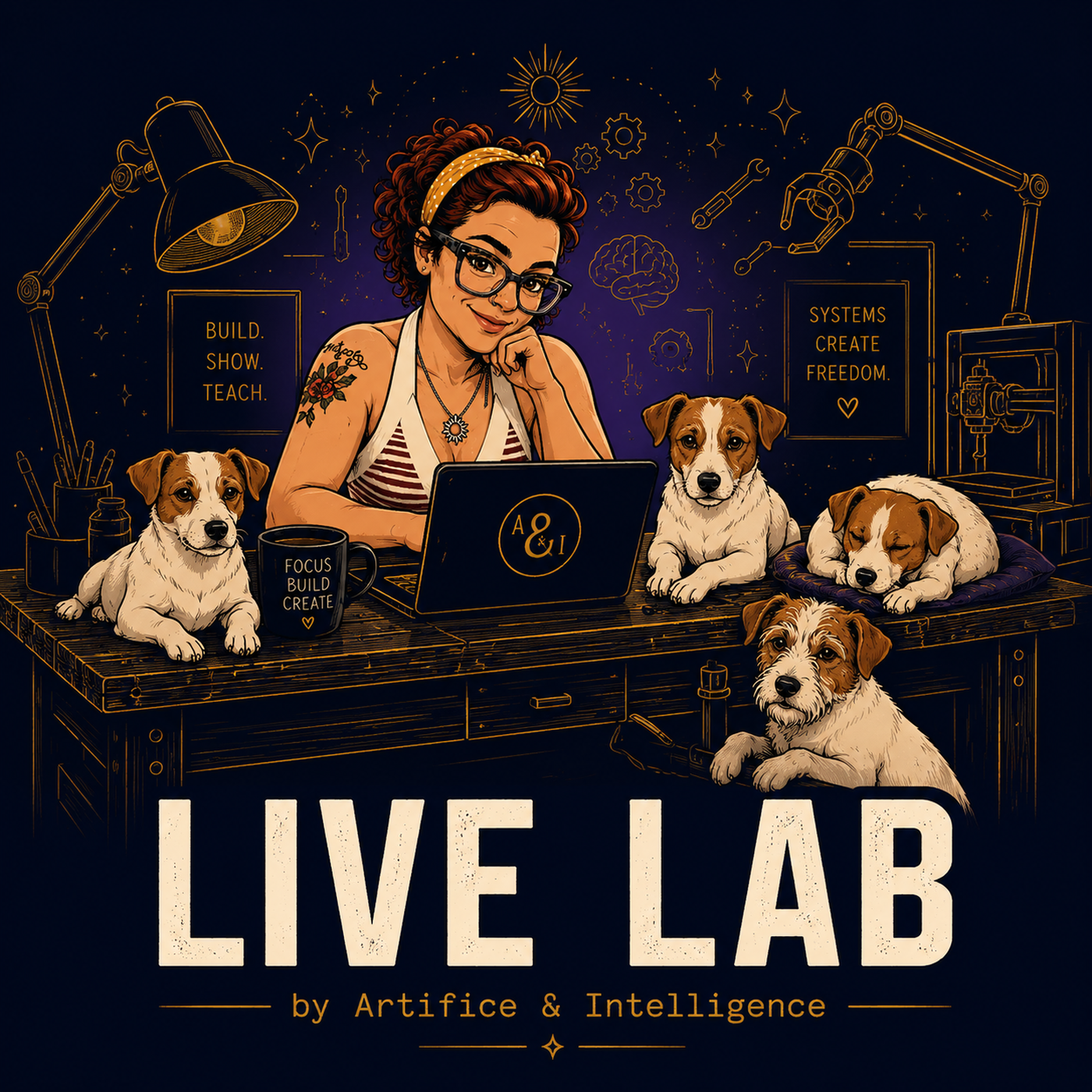 Live Lab by Artifice & Intelligence: Lisa at the workbench with the office dogs.