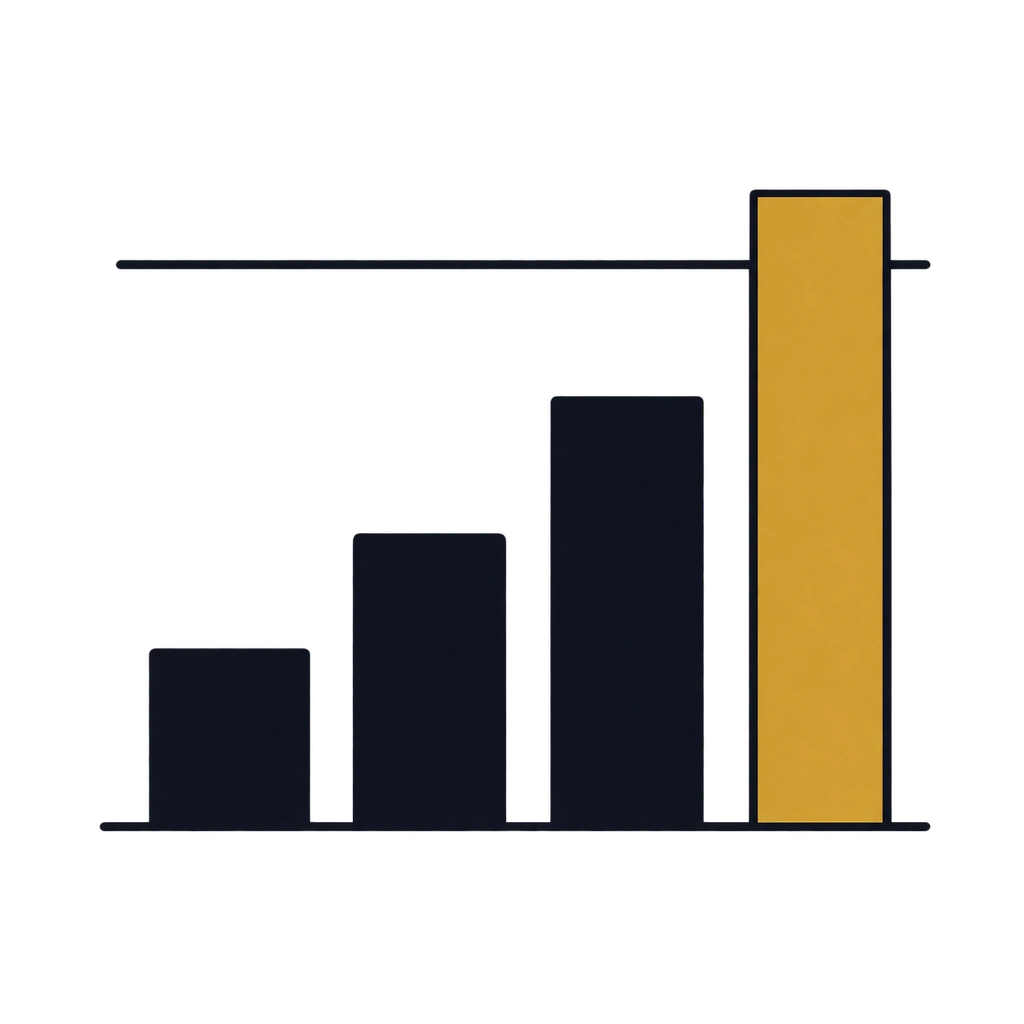 An illustrative four-bar chart with a tall gold final bar.