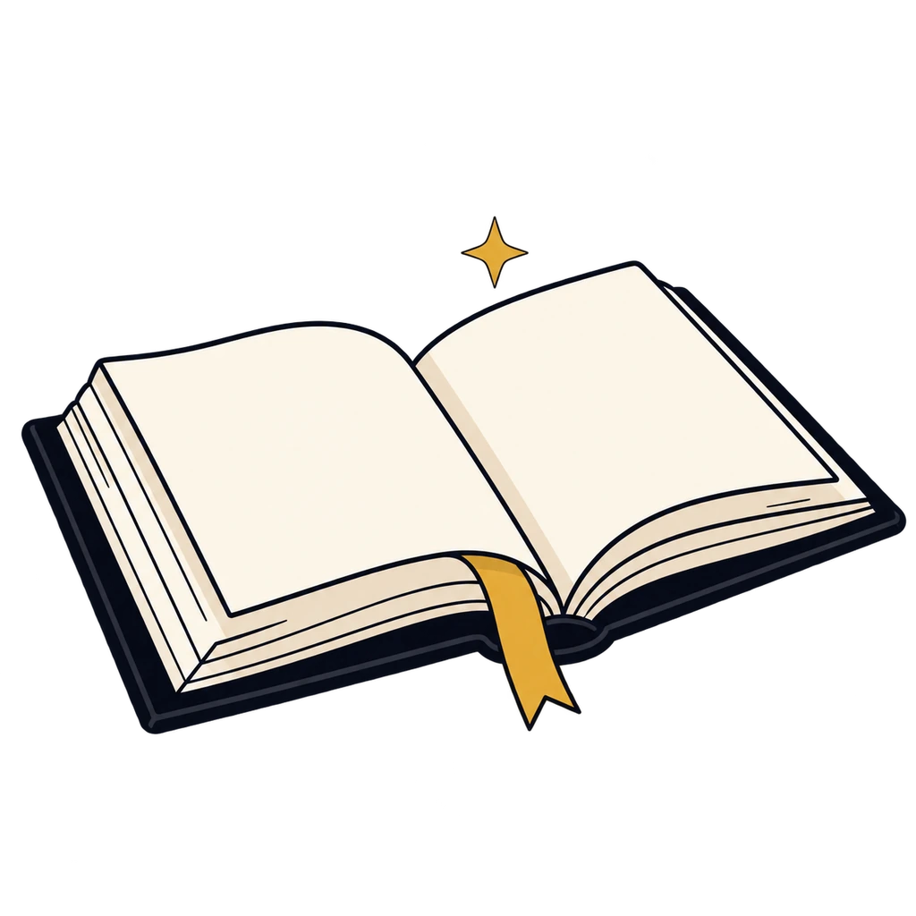 An open book with a gold ribbon and a small sparkle.